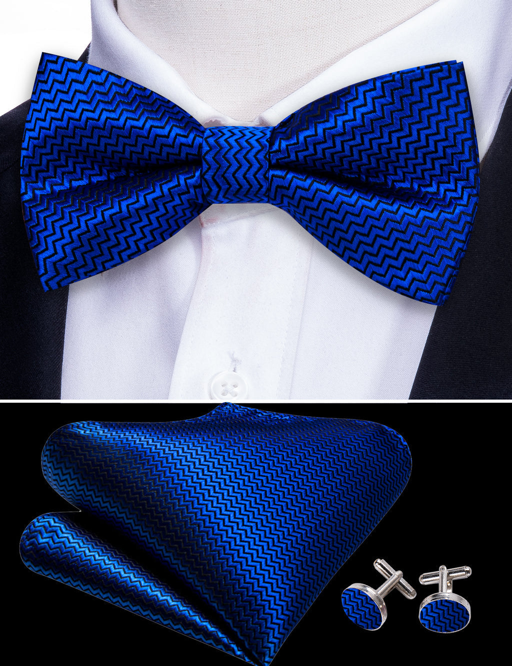 Cobalt Blue Curve Silk Bow Tie Set bow ties    - Sophisticated Gentlemen