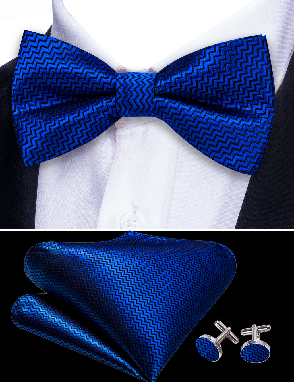 Cobalt Blue Curve Silk Bow Tie Set bow ties    - Sophisticated Gentlemen