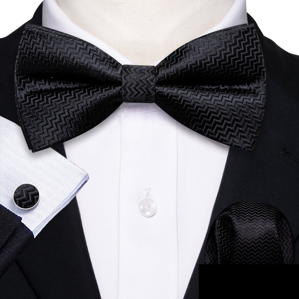 Black Curve Silk Bow Tie Set bow ties    - Sophisticated Gentlemen