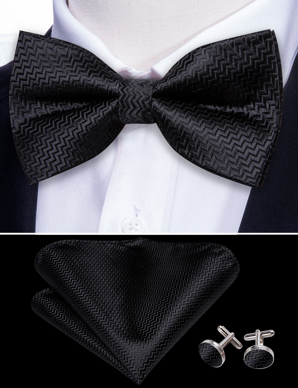 Black Curve Silk Bow Tie Set bow ties    - Sophisticated Gentlemen