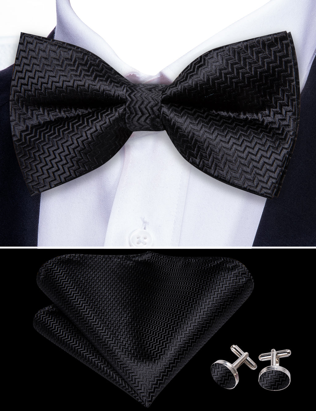 Black Curve Silk Bow Tie Set bow ties    - Sophisticated Gentlemen