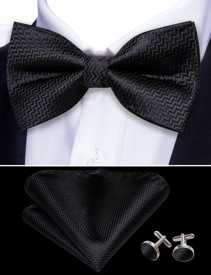Black Curve Silk Bow Tie Set bow ties    - Sophisticated Gentlemen