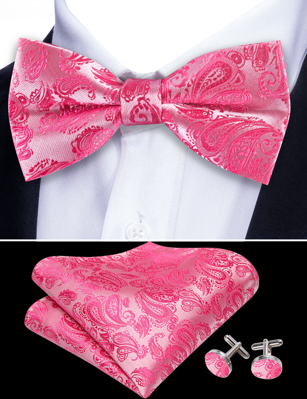 Rose Red Pink Paisley Silk Bow Tie Set bow ties    - Sophisticated Gentlemen