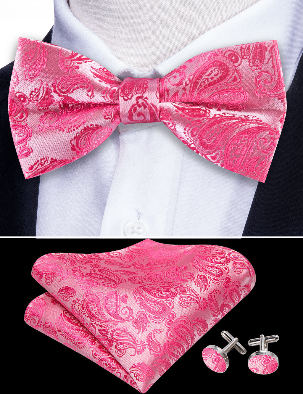 Rose Red Pink Paisley Silk Bow Tie Set bow ties    - Sophisticated Gentlemen