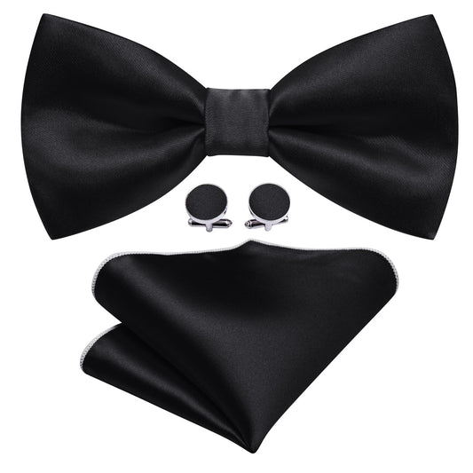 Black Solid Silk Bow Tie Set bow ties    - Sophisticated Gentlemen