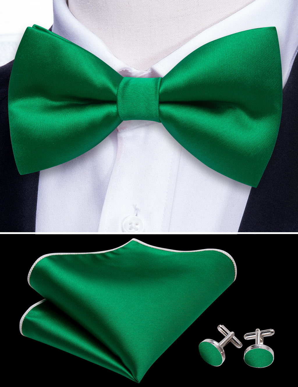 Grass Green Solid Silk Bow Tie Set bow ties    - Sophisticated Gentlemen