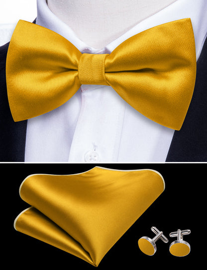 Gold Yellow Solid Silk Bow Tie Set bow ties    - Sophisticated Gentlemen