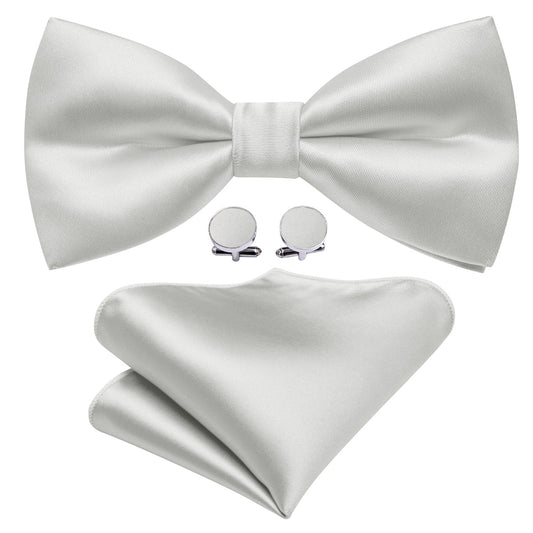 White Grey Solid Satin Bow Tie Set bow ties    - Sophisticated Gentlemen