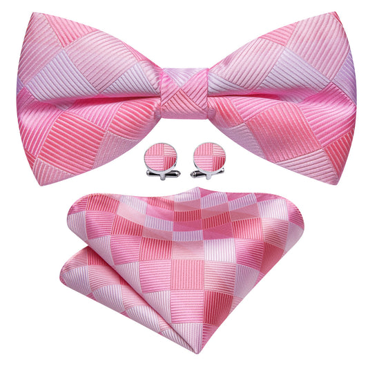 Pink White Plaid Silk Bow Tie Set bow ties    - Sophisticated Gentlemen