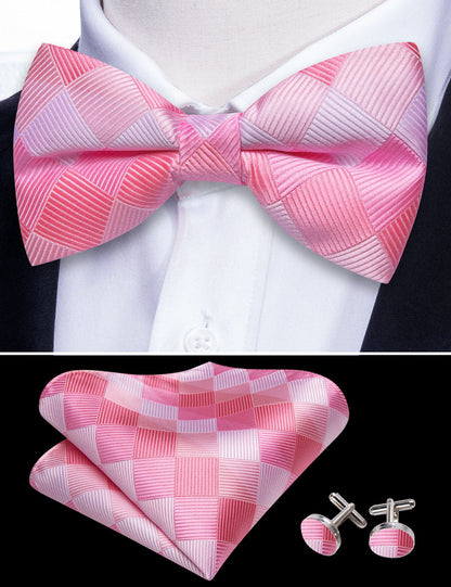 Pink White Plaid Silk Bow Tie Set bow ties    - Sophisticated Gentlemen