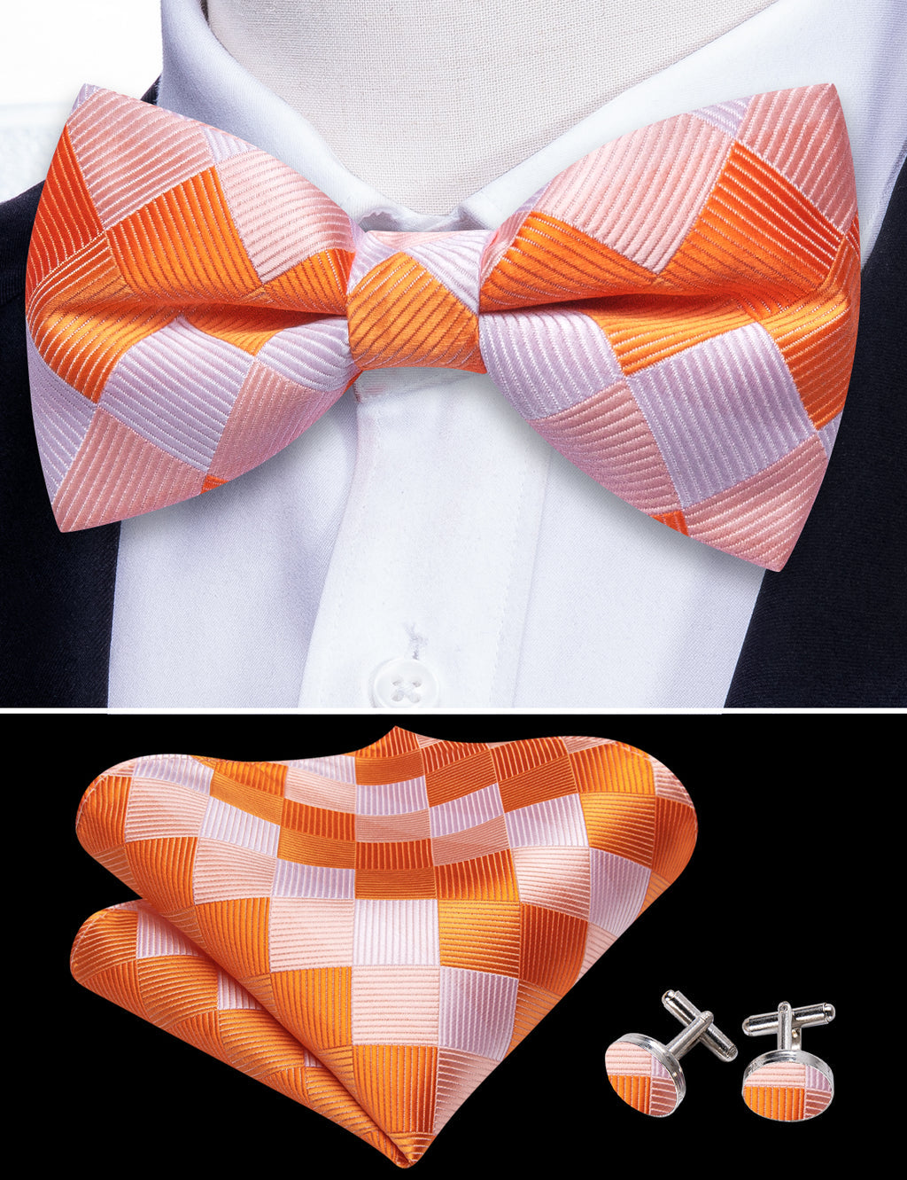 Orange White Plaid Silk Bow Tie Set bow ties    - Sophisticated Gentlemen