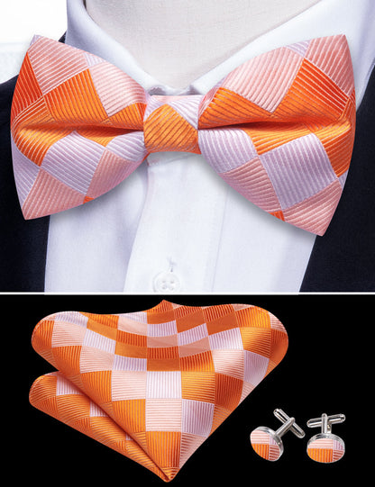 Orange White Plaid Silk Bow Tie Set bow ties    - Sophisticated Gentlemen