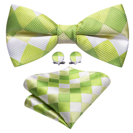 Green White Plaid Silk Bow Tie Set bow ties    - Sophisticated Gentlemen