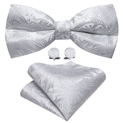 Silver White Paisley Bow Tie Set bow ties    - Sophisticated Gentlemen