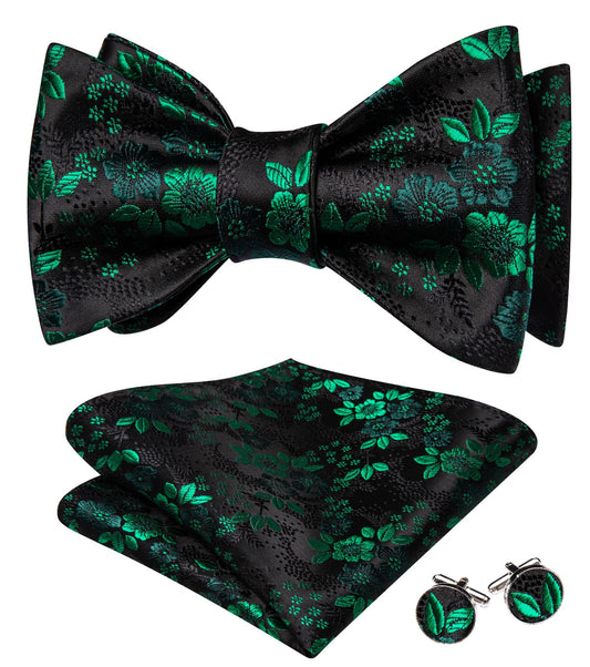 Black Green Floral Bow Tie Set bow ties    - Sophisticated Gentlemen