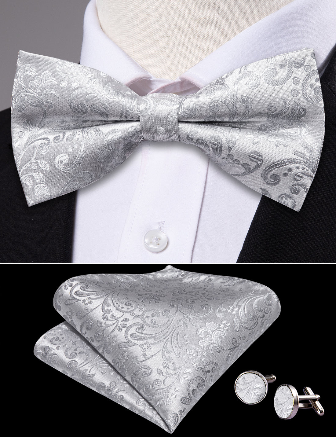 Silver Paisley Bow Tie Set bow ties    - Sophisticated Gentlemen