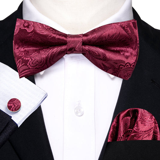 Red Wine Floral Paisley Bow Tie Set bow ties    - Sophisticated Gentlemen