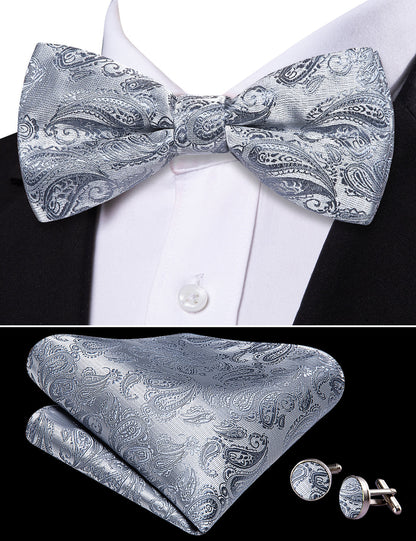 Silver Paisley Bow Tie Set bow ties    - Sophisticated Gentlemen