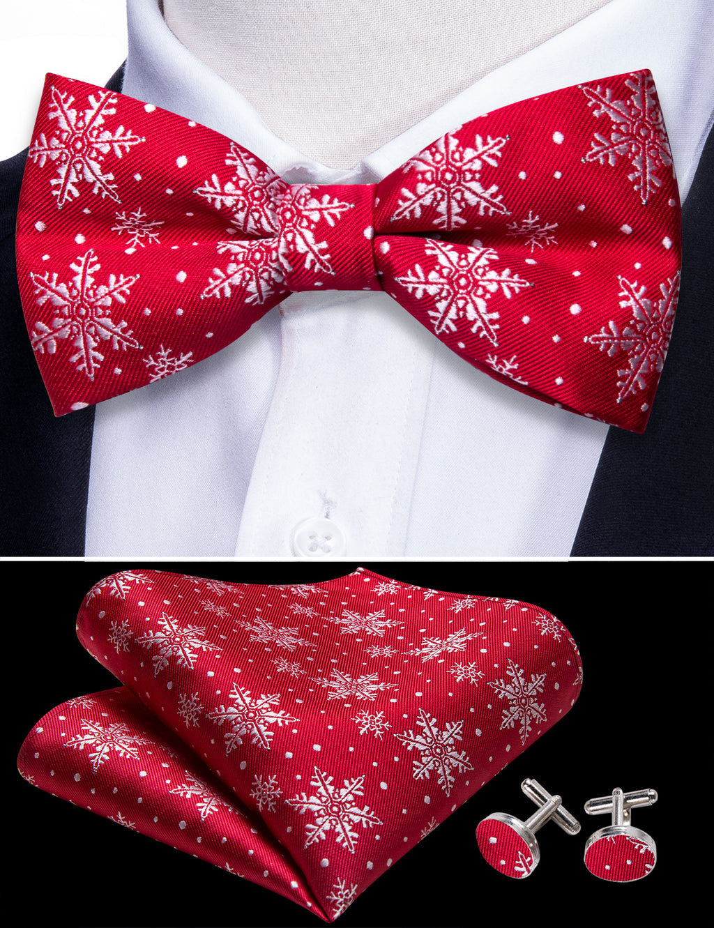 Red White Christmas Snowflake Silk Bow Tie Set bow ties    - Sophisticated Gentlemen