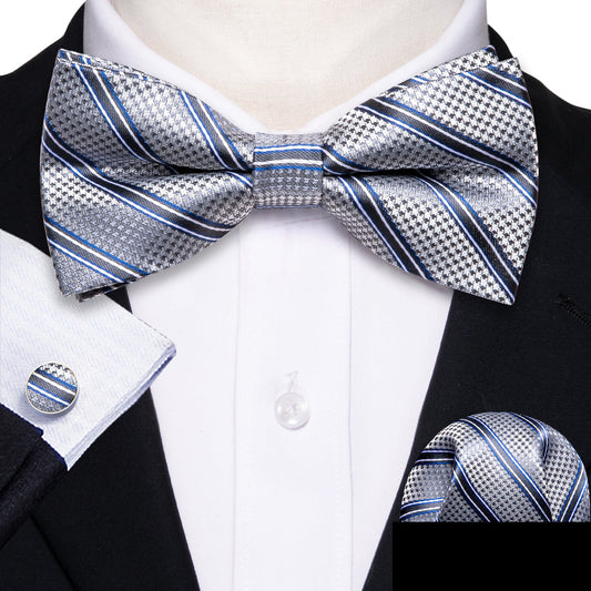 Silver Blue Striped Bow Tie Set bow ties    - Sophisticated Gentlemen
