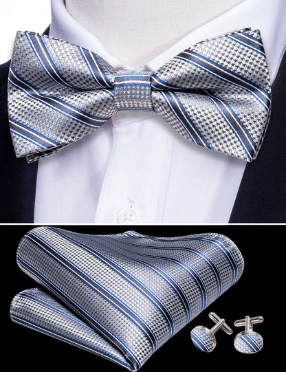 Silver Blue Striped Bow Tie Set bow ties    - Sophisticated Gentlemen