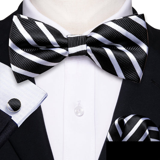 Black White Striped Bow Tie Set bow ties    - Sophisticated Gentlemen