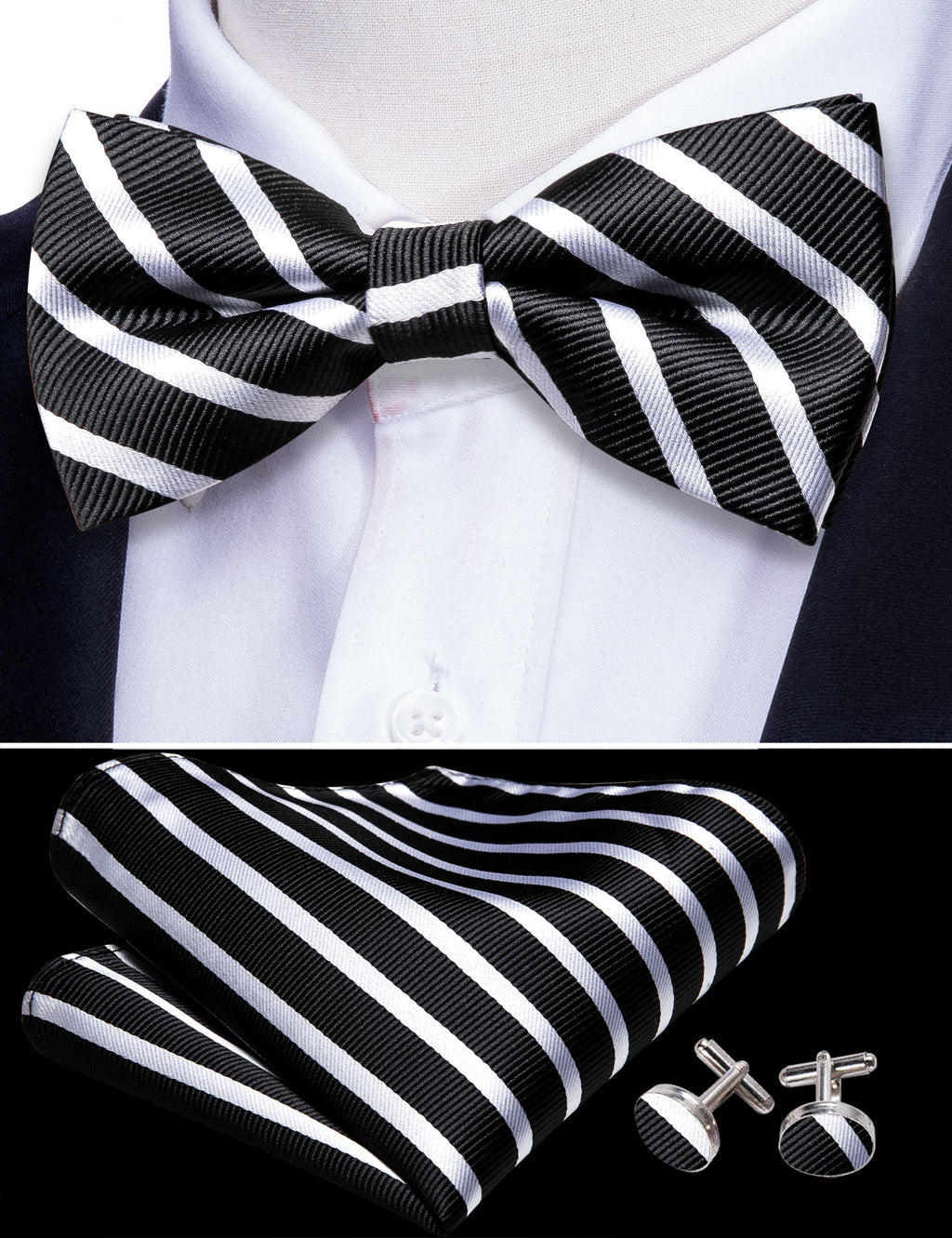 Black White Striped Bow Tie Set bow ties    - Sophisticated Gentlemen