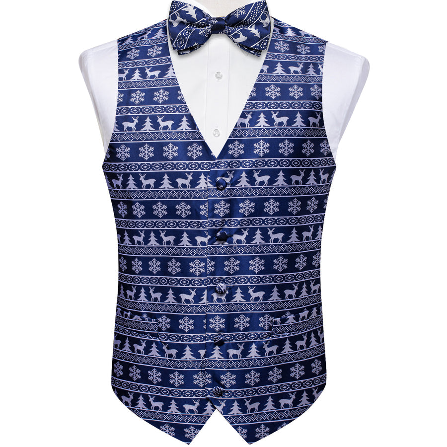 Christmas Navy Blue White Deer Novelty Men's Bowtie Vest Set vest set    - Sophisticated Gentlemen