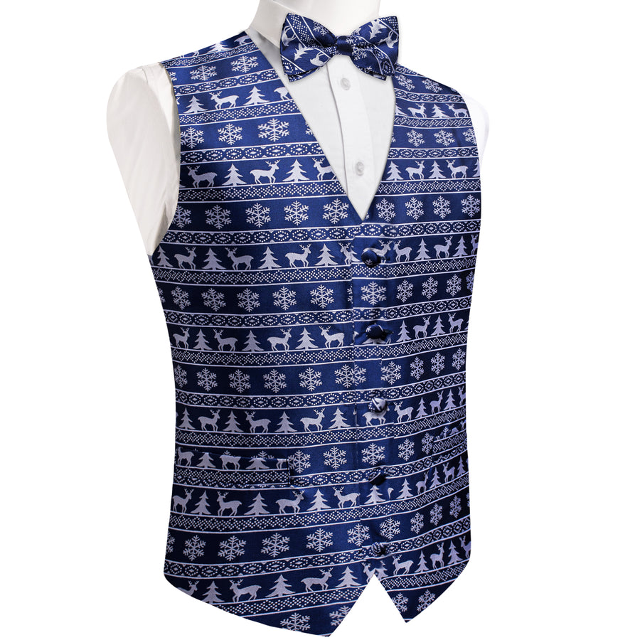 Christmas Navy Blue White Deer Novelty Men's Bowtie Vest Set vest set    - Sophisticated Gentlemen