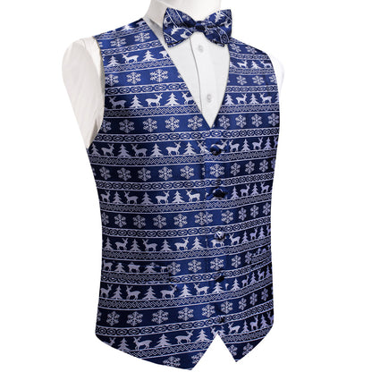 Christmas Navy Blue White Deer Novelty Men's Bowtie Vest Set vest set    - Sophisticated Gentlemen