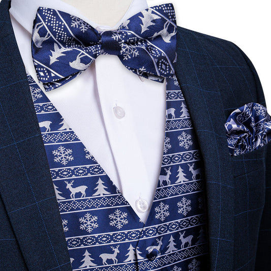 Christmas Navy Blue White Deer Novelty Men's Bowtie Vest Set vest set M (Chest 42")   - Sophisticated Gentlemen