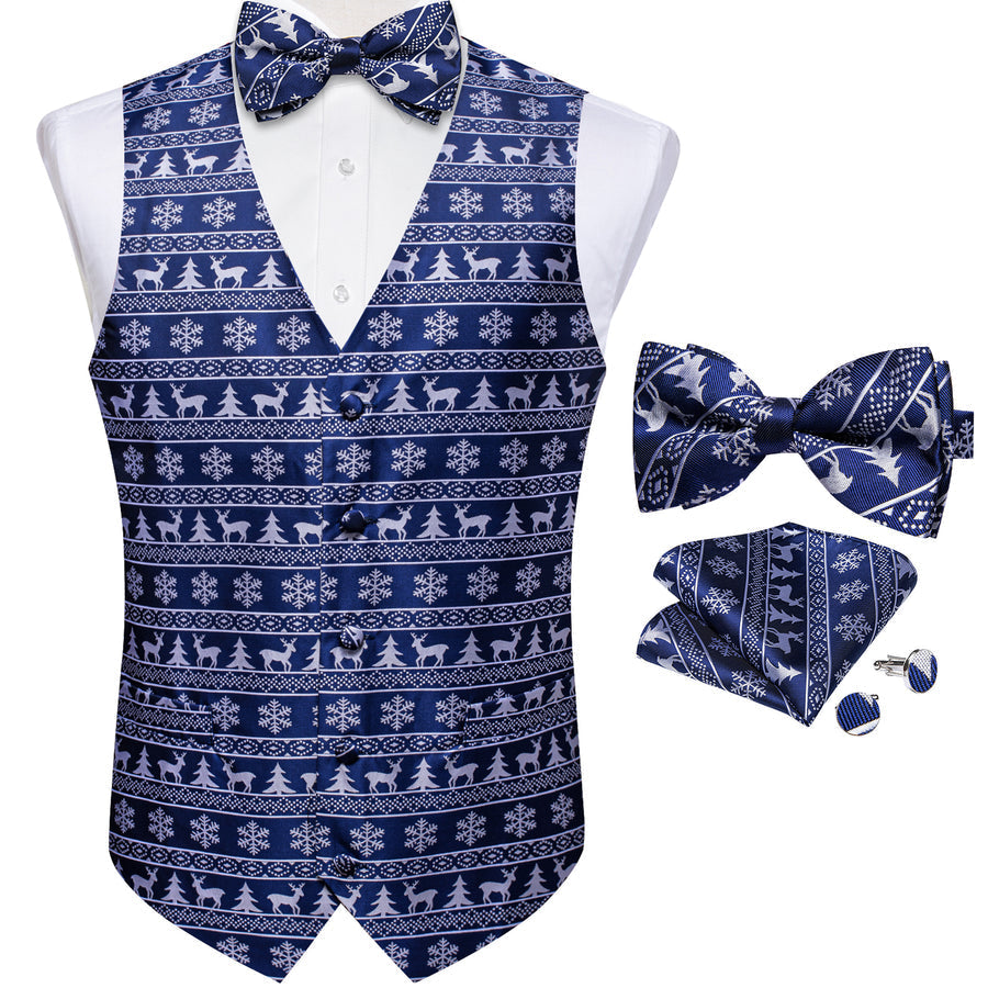 Christmas Navy Blue White Deer Novelty Men's Bowtie Vest Set vest set    - Sophisticated Gentlemen