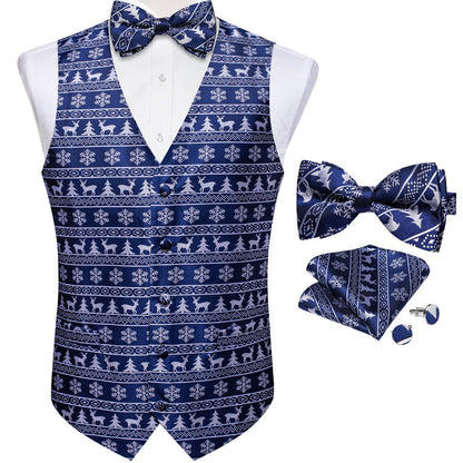 Christmas Navy Blue White Deer Novelty Men's Bowtie Vest Set vest set    - Sophisticated Gentlemen