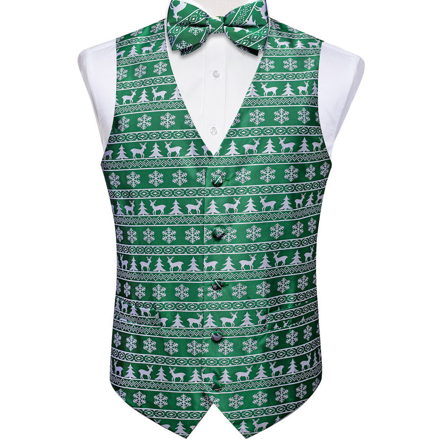 Green Novelty Christmas White Deer Men's Bowtie Vest Set vest set    - Sophisticated Gentlemen