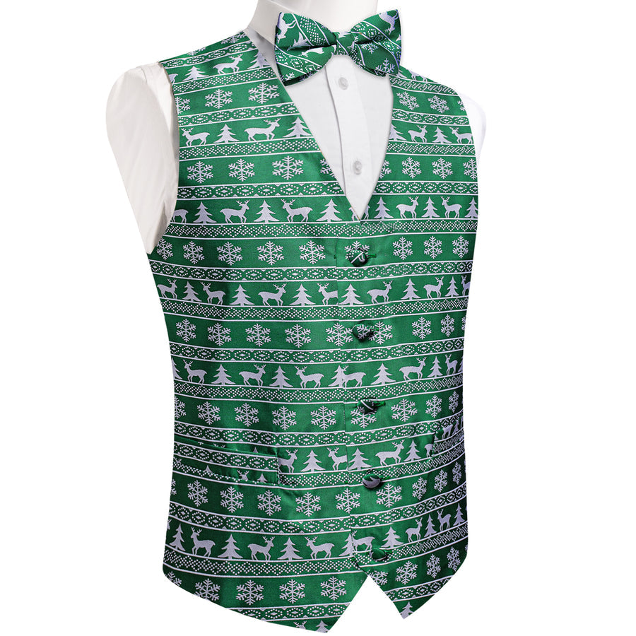 Green Novelty Christmas White Deer Men's Bowtie Vest Set vest set    - Sophisticated Gentlemen