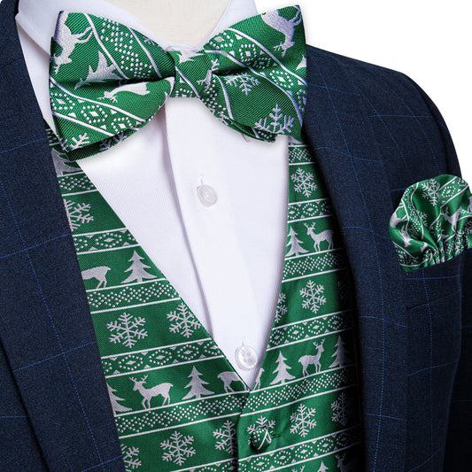 Green Novelty Christmas White Deer Men's Bowtie Vest Set vest set S (Chest 40")   - Sophisticated Gentlemen