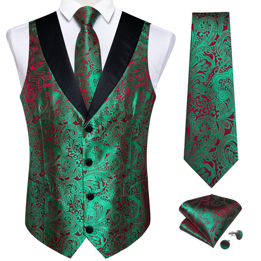 Black Collar Green Red Paisley Jacquard Silk Vest Set vest set S (Chest 40")   - Sophisticated Gentlemen