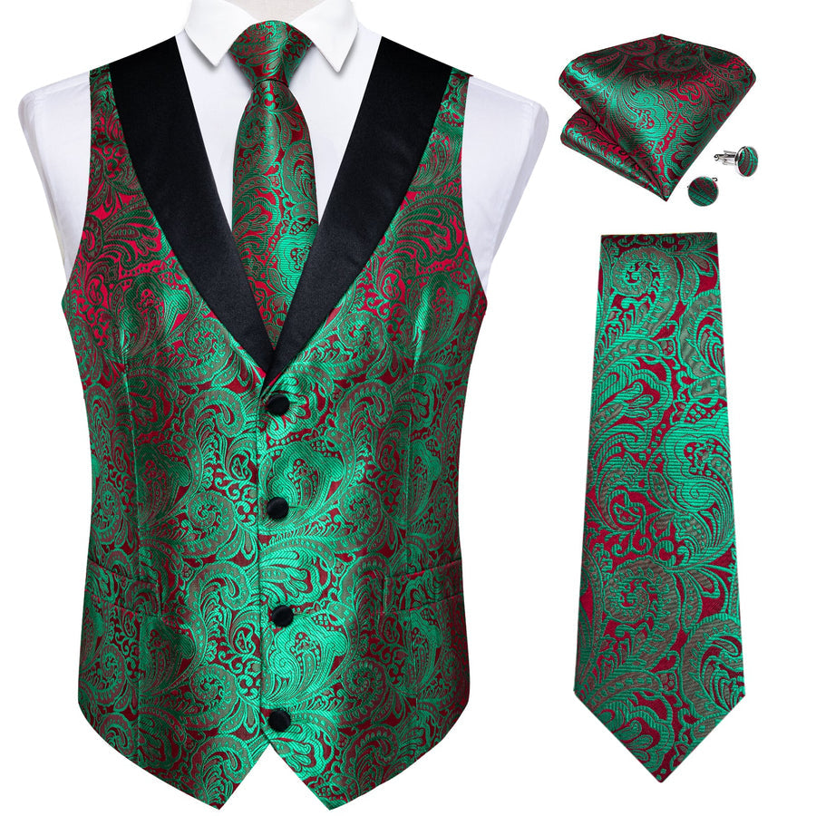 Black Collar Green Red Paisley Jacquard Silk Vest Set vest set    - Sophisticated Gentlemen