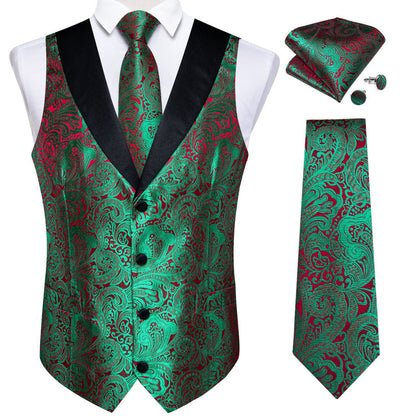Black Collar Green Red Paisley Jacquard Silk Vest Set vest set    - Sophisticated Gentlemen