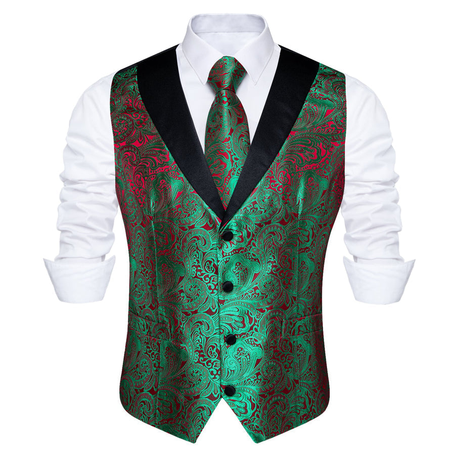 Black Collar Green Red Paisley Jacquard Silk Vest Set vest set    - Sophisticated Gentlemen