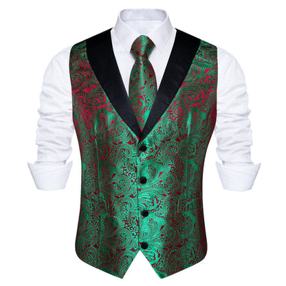 Black Collar Green Red Paisley Jacquard Silk Vest Set vest set    - Sophisticated Gentlemen