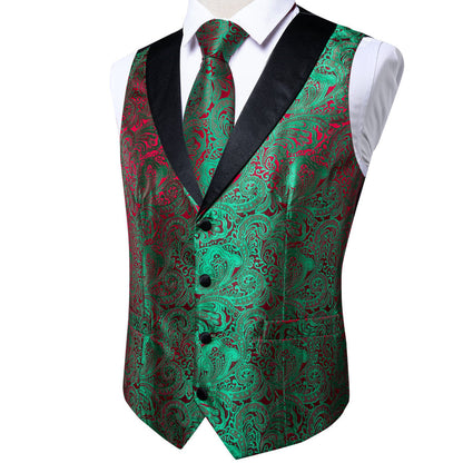 Black Collar Green Red Paisley Jacquard Silk Vest Set vest set    - Sophisticated Gentlemen
