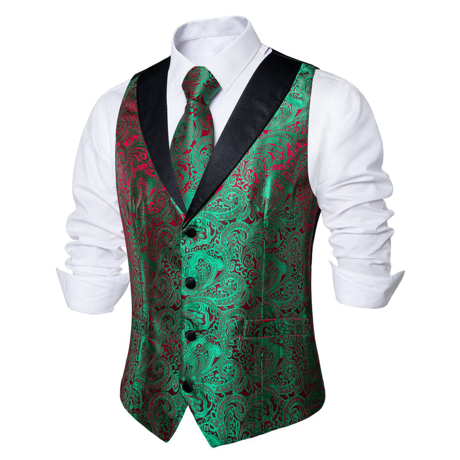 Black Collar Green Red Paisley Jacquard Silk Vest Set vest set    - Sophisticated Gentlemen