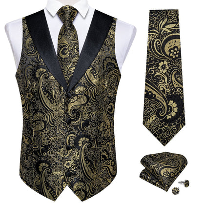 Black Golden Paisley Jacquard Silk Men's Vest Set vest set    - Sophisticated Gentlemen