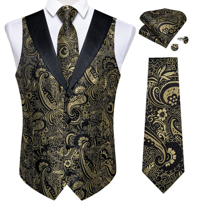 Black Golden Paisley Jacquard Silk Men's Vest Set vest set    - Sophisticated Gentlemen