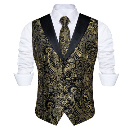 Black Golden Paisley Jacquard Silk Men's Vest Set vest set    - Sophisticated Gentlemen