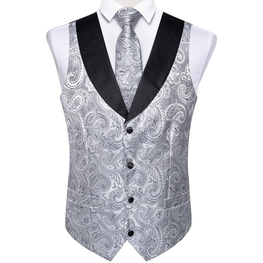 Black Collar Grey Paisley Jacquard Silk Vest Set vest set    - Sophisticated Gentlemen
