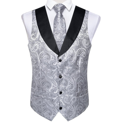 Black Collar Grey Paisley Jacquard Silk Vest Set vest set    - Sophisticated Gentlemen