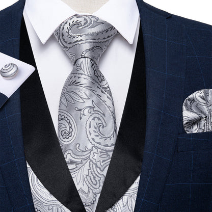 Black Collar Grey Paisley Jacquard Silk Vest Set vest set    - Sophisticated Gentlemen