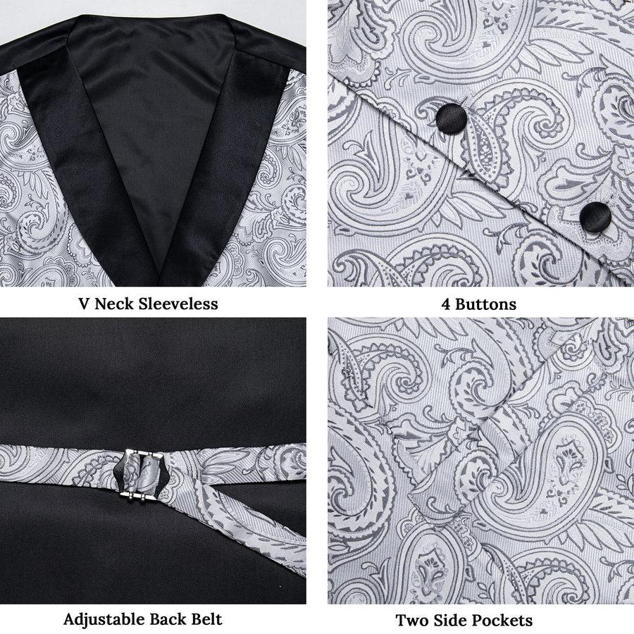 Black Collar Grey Paisley Jacquard Silk Vest Set vest set    - Sophisticated Gentlemen
